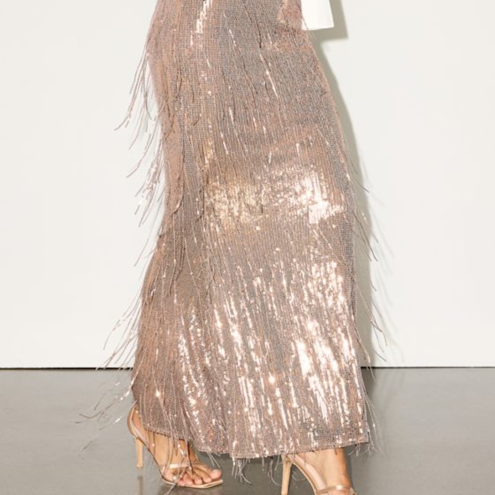 Lulus Audrina Rose Gold Sequin Fringe Mid-rise Maxi Skirt - Size M